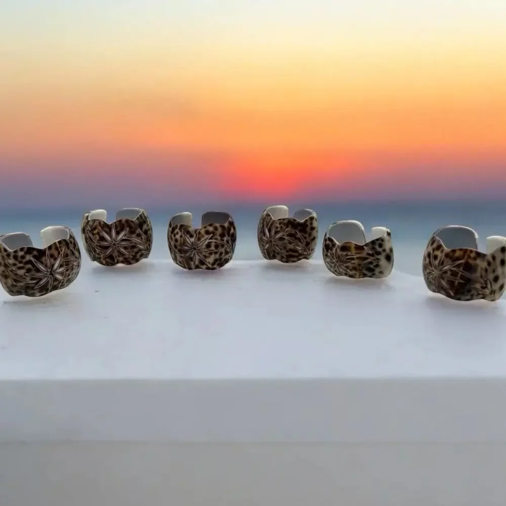 Set of 6 Vintage Tiger Cowrie Sea Shell Napkin Rings Carved Flower Spotted